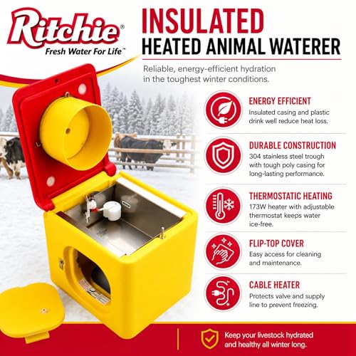 Ritchie EcoFount 1 Heated Automatic Livestock Waterer, Energy Efficient Insulated Water Fountain for Horses & Cattle, 3.5 Gallon Capacity, Stainless Steel Trough, Thermostatically Heated, Part 18430