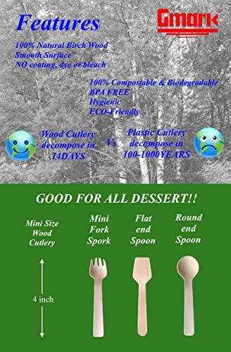 Gmark 1.5mm Extra-Thick Mini Wooden Spoons (4 Inch) – 100 Count Heavy Duty Square End Tasting Spoons – Sturdy No-Snap Birch Wood Samplers for Gelato, Yogurt & Desserts – Eco-Friendly GM1101A