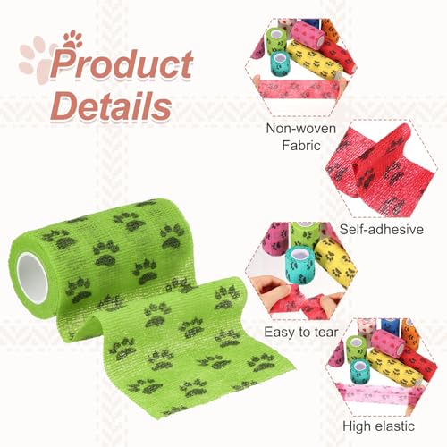 Pet Wrap Bandages, 4 Inch 5 Yard Self Adhesive Bandage Wrap, Pet Non-Woven Tape First Aid Cohesive Gauze, (Grass Green/Paw, 2 Pcs), Intended for Dog/Cat/Bird/Legs/Paws/Wound - color: Grass Green, size: 4 inch