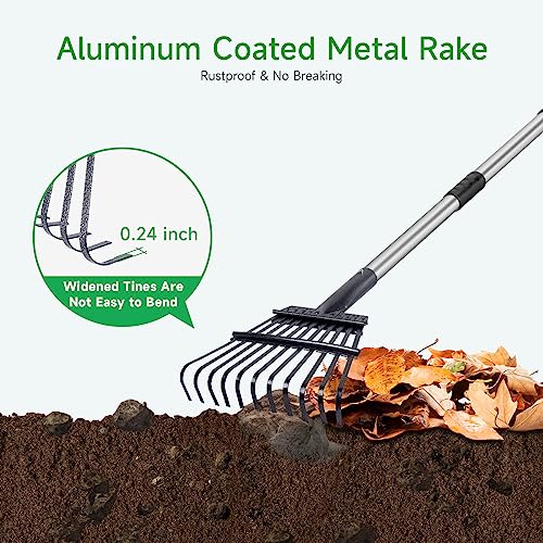 GreatBuddy Adjustable Leaf Rake, 8'' Wide Metal Rake, Perfect for Shrub, Flower Bed & Small Area, 29''- 72'' Expandable Stainless Steel Handle, Easy to Use - size: 11Tine