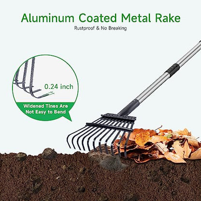 GreatBuddy Adjustable Leaf Rake, 8'' Wide Metal Rake, Perfect for Shrub, Flower Bed & Small Area, 29''- 72'' Expandable Stainless Steel Handle, Easy to Use - size: 11Tine