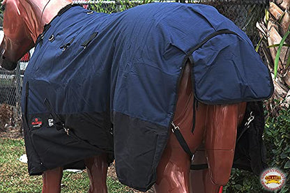 HILASON Waterproof Winter Horse Turnout Blanket 600D Rip-Stop Poly Fill Belly Wrap Shoulder Gussets Fleece Wither Lining Navy Blue - size: 75 In