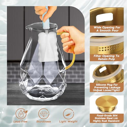 Glass Pitcher, 2.4Liter Water Pitcher With Lid | Iced Tea Pitcher for Fridge, Glass Water Carafe With Lid, Glass Water Jug, Large Drink Pitcher For Juice, Milk, Cold Or Hot - size: 2.4 liters
