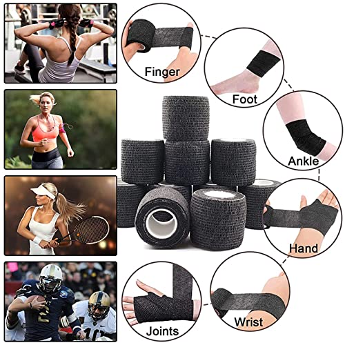 Self-Adherent Grip Tape Wrap - Lyuxzad 24 Pack Cohesive Bandage Wrap 2" x 5 Yards Machine Wrap Cover Elastic Bandage Rolls Self Adhesive Tape Strong Sports Tape Black Bandage Rolls Athletic Tape - size: 24pcs