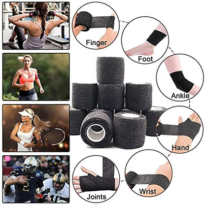 Self-Adherent Grip Tape Wrap - Lyuxzad 24 Pack Cohesive Bandage Wrap 2" x 5 Yards Machine Wrap Cover Elastic Bandage Rolls Self Adhesive Tape Strong Sports Tape Black Bandage Rolls Athletic Tape - size: 24pcs