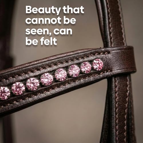 Equine Care English Horse Bridle with Reins, Padded, 6 Browband Styles | Hunter show bridles: classic fancy stitched or crystal browbands; padded crown, harness leather; bit not included - color: Havana Brown - Pink Crystal