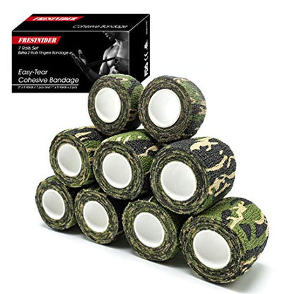 FRESINIDER 9 Rolls Self Adhesive Wrap Athletic Tape Gauze, Breathable Elastic Cohesive Bandage for Sports Injury & Pet (7 Pcs 2" x 5 Yards + 2 Pcs 1" X 5 Yards) (Woodland Camo) - color: Woodland Camo