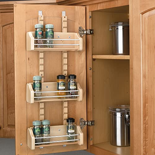 Rev-A-Shelf Wall Storage Organizer for Kitchen Cabinets, Door-Mounted Spice Rack with 3 Adjustable Shelves, Maple Wood, 4ASR-21 - size: 16.13" W