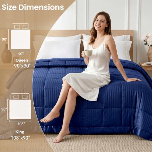 downluxe Queen Size Blanket with Satin Trim, Lightweight Down Alternative Blankets Queen Size for All Season, Machine Washable (Navy, 90x90 Inch) - color: Navy, size: Queen