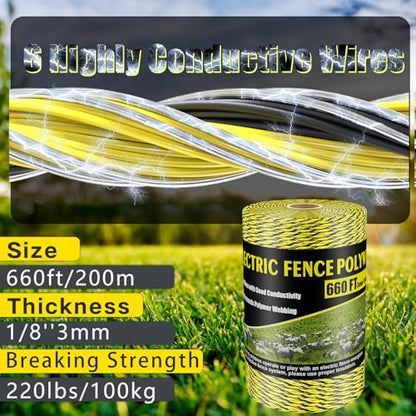 NQN Upgrade Electric Fence Polywire 660FT,200 Meters, 6 Stainless Steel Strands for Reliable Conductivity, Portable Electric Fencing, UV Resistant, Rust Resistant, Highly Conductive, Easy to Install - size: 660 Feet
