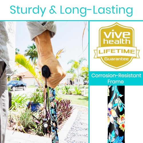 Vive Folding Cane - Foldable Walking Cane for Men, Women - Fold-up - color: Neon Flower
