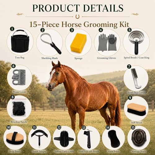 Horse Grooming Kit, 15-Piece Horse Brush Set with Tote Bag, Long Shedding Blade, Hoof Pick, Curry Comb, Sweat Scraper, Mane and Tail Comb, Gloves, Equine Grooming Supplies, Black - color: Black