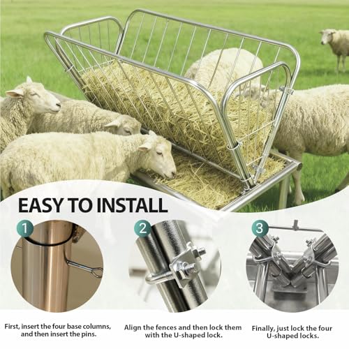 Heavy-Duty 95 Gallon Livestock Feeder, Galvanized Steel 2-in-1 Hay Rack and Feed Pan, Pasture Hay Feeder for Goats Horses Cows, Easy Assembly Farm Feeder