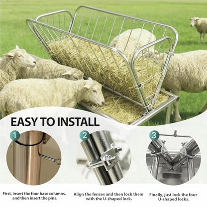 Heavy-Duty 95 Gallon Livestock Feeder, Galvanized Steel 2-in-1 Hay Rack and Feed Pan, Pasture Hay Feeder for Goats Horses Cows, Easy Assembly Farm Feeder