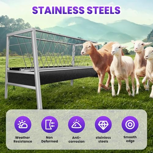 Pasture Feeder with Rubber Pan, 77 Gallon Large Capacity, 2-in-1 Stainless Steel Design for Goats, Sheep, Horses, Easy to Clean