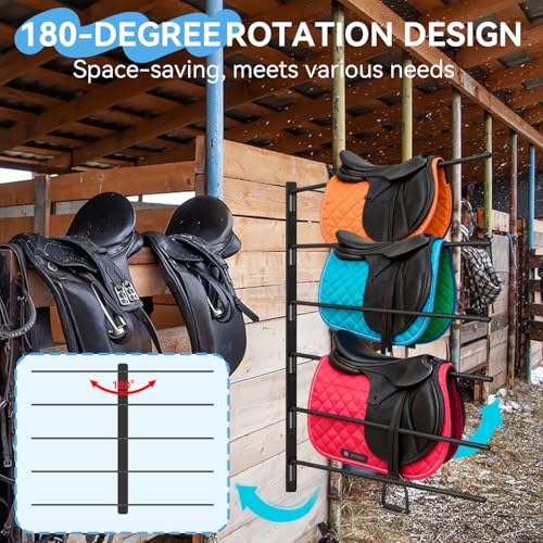 2 Pack Heavy Duty Saddle Pad Rack, Wall Mount Horse Blanket Holder | 180° Swing-Out Horse Blanket Rack with 6 Well-Spaced Arms, Wall-Mounted Saddle Pad Storage for Stable, Garage & Tack Room