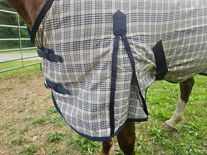 Navy Beige Plaid Horse Stable Sheet with Front Gussets, Lightweight Polyester Sheet for Horses, Travel, Stable & Show Use (Navy Beige Plaid, 74") - size: 74"