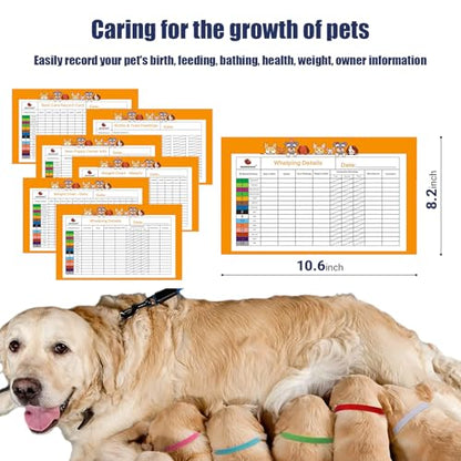 Puppy Kitten Whelping Kit, Newborn Dogs Cats Pet Whelping Kit with 6P Record Keeping Charts, 15P Pet ID Collars, 1P Aspirator Bulb, 15P Umbilical Cord Clip, 1P Hemostatic Forcep