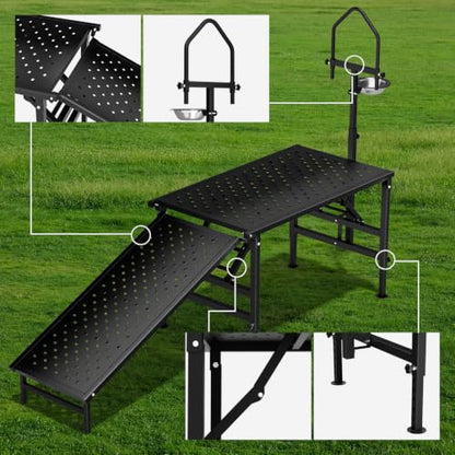 Goat Milking Stand with a Ramp, Metal Goat Stand with Feed Bin, 600LBS Livestock Trimming Stand with Height Adjustable, Sturdy Sheep Stand for Goats and Lambs, Black.