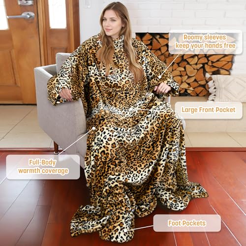 Catalonia Wearable Blanket with Sleeves & Foot Pocket for Adults - color: Cheetah, size: Fleece