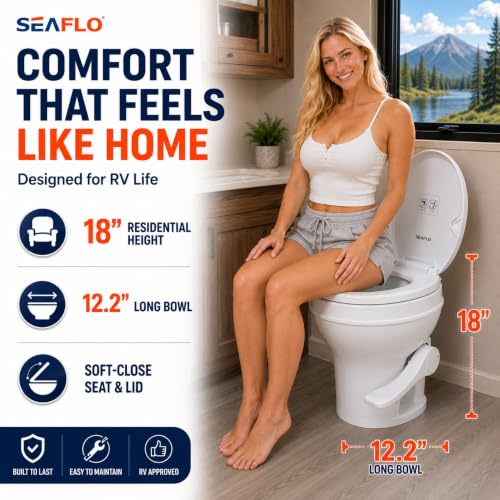 SEAFLO RV Toilet – 18.4" Residential Height, Gravity Flush Foot Pedal, 4-Year Warranty, Fits Most RVs (9.5" Rough-In), Soft Close Seat, 2-Bolt Mount, for Camper Travel Trailer Motorhome SFRTPH-01-01 - color: White