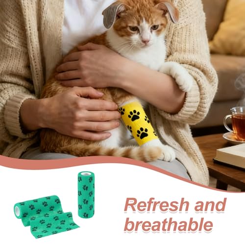 Pet Wrap Bandages, 6 Inch 5 Yard Self Adhesive Bandage Wrap, Pet Non-Woven Tape First Aid Cohesive Gauze, (Green/Paw, 2 Pcs), Intended for Dog/Cat/Bird/Legs/Paws/Wound - color: Green, size: 6 inch