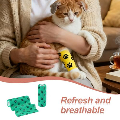 Pet Wrap Bandages, 6 Inch 5 Yard Self Adhesive Bandage Wrap, Pet Non-Woven Tape First Aid Cohesive Gauze, (Green/Paw, 2 Pcs), Intended for Dog/Cat/Bird/Legs/Paws/Wound - color: Green, size: 6 inch