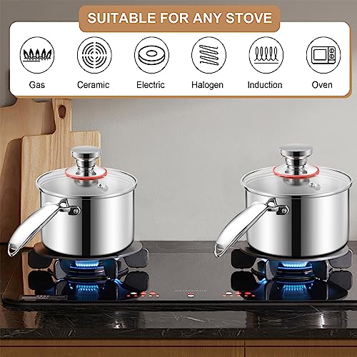 LIANYU 1QT & 2QT Saucepan with Lid, Triply 18/10 Stainless Steel Cooking Pot, Small 1 Quart and 2 Quart Saucepan, Induction Cookware for Boiling Stewing, Dishwasher Safe - size: 1QT+2QT