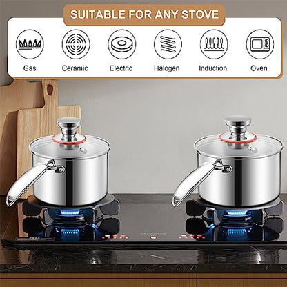 LIANYU 1QT & 2QT Saucepan with Lid, Triply 18/10 Stainless Steel Cooking Pot, Small 1 Quart and 2 Quart Saucepan, Induction Cookware for Boiling Stewing, Dishwasher Safe - size: 1QT+2QT