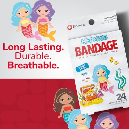 BioSwiss Bandages, Mermaid Shaped Self Adhesive Bandage Set, Latex Free, Sterile Wound Care, 24 Count - color: Mermaid, size: 24-Count Box