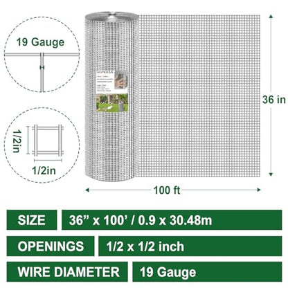 HOPERAN Hardware Cloth 1/2 Inch 36 x 100 ft, 19 Gauge Chicken Wire Fencing | Hot Dipped Galvanized After Welding, Rust resistant, Heavy-duty, for Garden Fencing Gopher Wire Rabbit Cage Poultry Netting - size: 1/2in 36in × 100ft