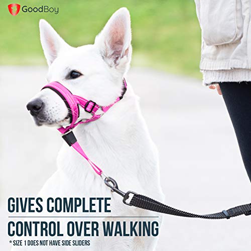 GoodBoy Dog Head Halter with Safety Strap - Stops Heavy Pulling On The Leash - Padded Headcollar for Small Medium and Large Dog Sizes - Head Collar Training Guide Included (Size 1, Pink Nylon) - color: Pink Nylon / Black Padding, size: Size 1 (Pack of 1)
