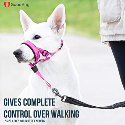 GoodBoy Dog Head Halter with Safety Strap - Stops Heavy Pulling On The Leash - Padded Headcollar for Small Medium and Large Dog Sizes - Head Collar Training Guide Included (Size 1, Pink Nylon) - color: Pink Nylon / Black Padding, size: Size 1 (Pack of 1)