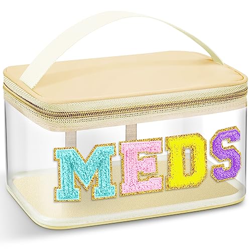 Geetery Chenille Letter Bag, Meds Cheer Travel Cases Cheerleader Gifts Cosmetic Bag Nylon Makeup Portable Preppy Patch with Zipper Toiletry Storage Case for Women(Beige,Stylish Meds) - color: Beige, style: Stylish Meds