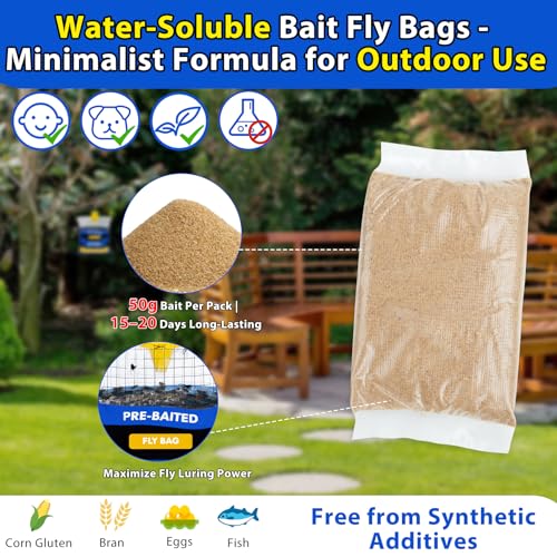 Large 4 Pack Pre-Baited Fly Traps Outdoor Fly Trap for Patio Farm Ranch | 50g Dissolvable Bait Fly Hunter for Flying Insects, Weatherproof Outdoor Fly Bags, Fly Catcher for Chicken Coop Barn