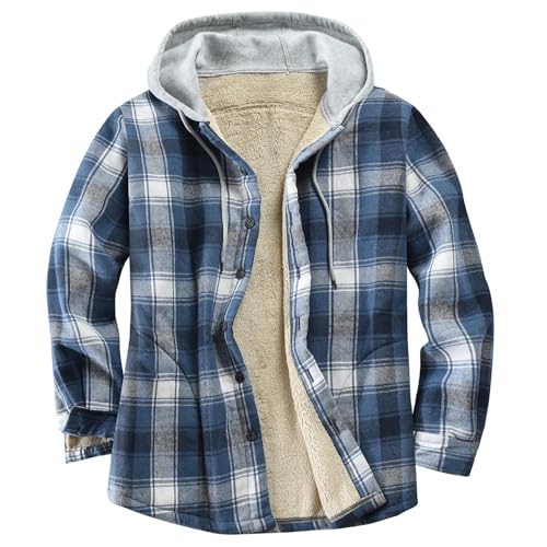 Men's Cotton Plaid Shirt Jacket Fleece Flannel Sherpa Button Down - color: Blue Block, size: 4X-Large