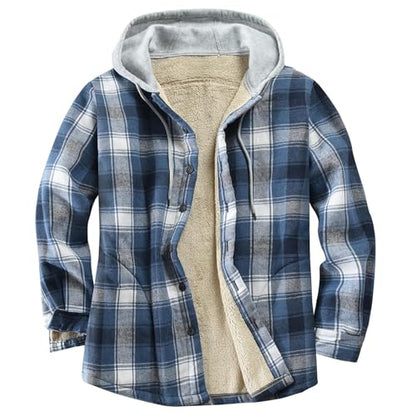 Men's Cotton Plaid Shirt Jacket Fleece Flannel Sherpa Button Down - color: Blue Block, size: 4X-Large