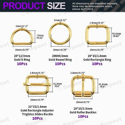 Swpeet 5 Style Metal Buckles - Adjustable Slide, D Ring, Circular Ring - color: Gold, size: 1 Inch