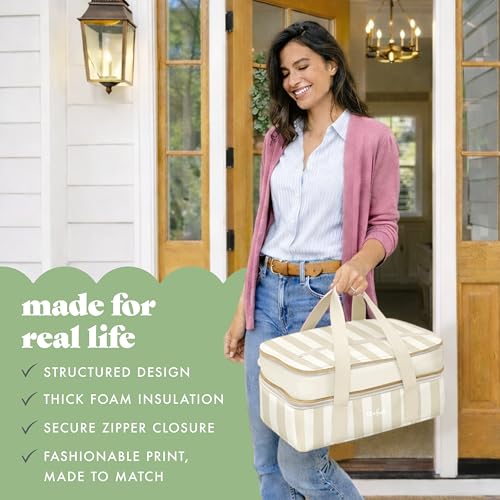Fit & Fresh Insulated Double Decker Casserole Carrier for Hot & Cold Food | Fits two 9x13" pans, Expandable, Leak-Resistant, Durable, Portable Food Carrier For Potlucks, Tailgating, Picnics, Parties - color: Pina Colada Stripe