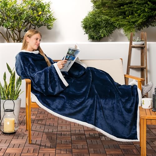 PAVILIA Sherpa Wearable Blanket with Sleeves and Pocket, Plush Thick Cozy Body Blanket Wrap for Adult Women Men, Christmas Gift for Wife Mom, Navy Blue - color: Navy