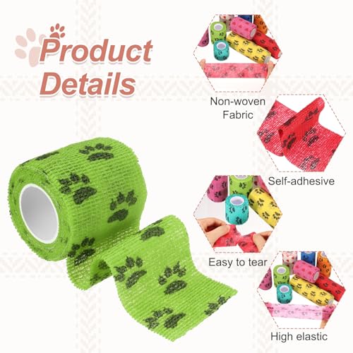 Pet Wrap Bandages, 2 Inch 5 Yard Self Adhesive Bandage Wrap, Pet Non-Woven Tape First Aid Cohesive Gauze, (Grass Green/Paw, 2 Pcs), Intended for Dog/Cat/Bird/Legs/Paws/Wound - color: Grass Green, size: 2 inch