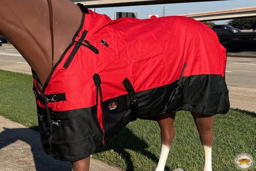 Waterproof Horse Turnout Sheet Hilason 1200D Rip-Stop Lightweight Rain Sheet with Belly Wrap Taffeta Lining Shoulder Gussets - color: Red With Black, size: 75 in