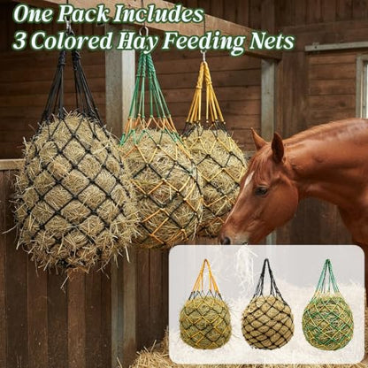 3 Pack Slow Feed Hay Nets for Horses, 25.6×23.6in Hanging Horse Hay Feeder Bags, 2.36×2.36in Mesh Polypropylene Hay Nets with Hooks & Gloves for Goat Sheep Livestock Stable Trailer Pasture
