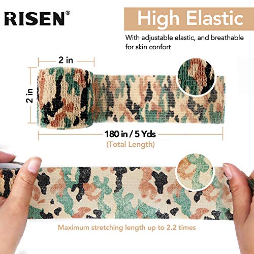 RISEN Cohesive Bandage 2” x 5 Yards, 6 Rolls, Self Adherent Wrap Medical Tape, Adhesive Flexible Breathable First Aid Gauze Ideal for Stretch Athletic - color: Desert Camo, size: 6 Count (Pack of 1)