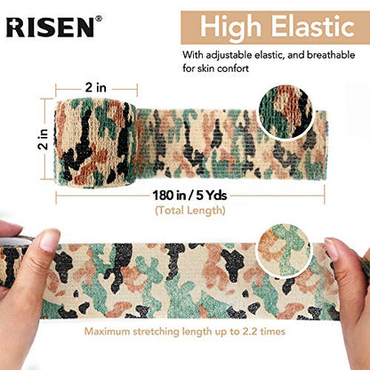 RISEN Cohesive Bandage 2” x 5 Yards, 6 Rolls, Self Adherent Wrap Medical Tape, Adhesive Flexible Breathable First Aid Gauze Ideal for Stretch Athletic - color: Desert Camo, size: 6 Count (Pack of 1)