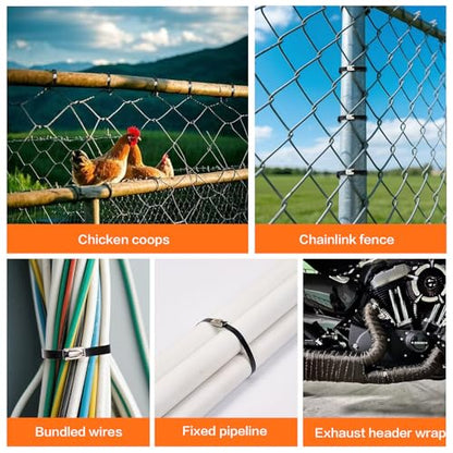 Stainless Steel Cable Tie Gun Kit：With 300pcs Uv Resistant Black Metal Zip Ties Heavy Duty Outdoor (150 Each of 8, 12 Inch) Adjustable Fastening Cutting Tie Tool Sets，for Chainlink Fence，Exhaust Wrap