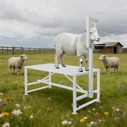 47 in Goat Milking Stand, 600 LBs Stand for Goat Milk and Sheep Trimming, Metal Goat Stand with Headpiece and Feeding Bin for Grooming, Shearing,and Milking (White) - color: White
