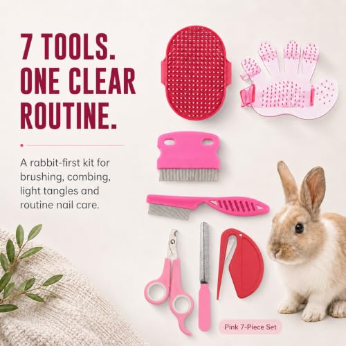 Rabbit Grooming Kit, 7-Piece Bunny Brush and Nail Care, Pink | 7 tools for loose fur, combing, light tangles and nail care; for rabbits, guinea pigs, hamsters and ferrets - color: Pink