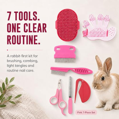 Rabbit Grooming Kit, 7-Piece Bunny Brush and Nail Care, Pink | 7 tools for loose fur, combing, light tangles and nail care; for rabbits, guinea pigs, hamsters and ferrets - color: Pink