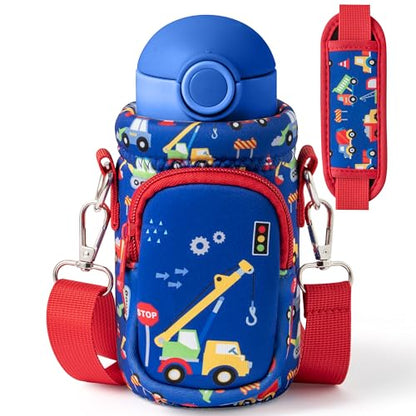 Water Bottle Carrier Bag with Strap for Kids - Water Bottle Bag Holder with Padded Strap Pocket 10/12/14/16/18Oz for Boys Girls School Walking Hiking Camping - style: Cartoon Car